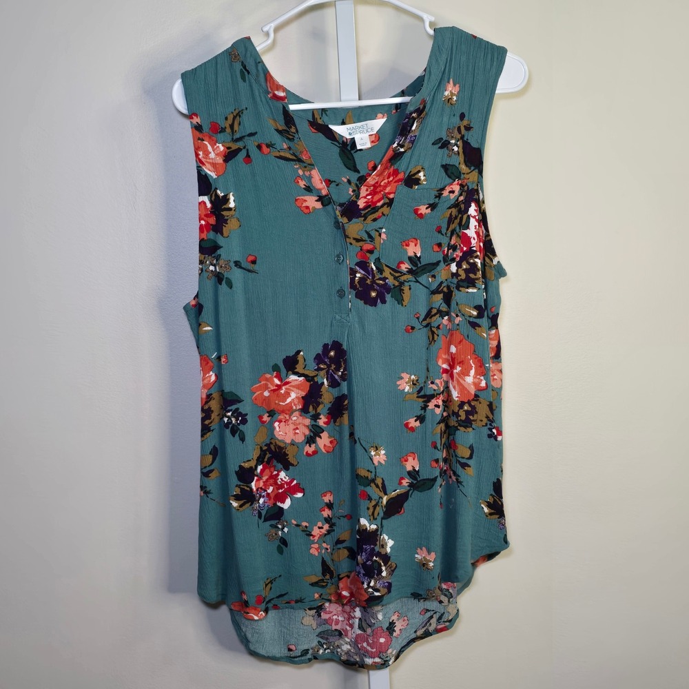 Market &‎ Spruce Floral Sleeveless Top Teal Orange V-Neck Button Blouse Large